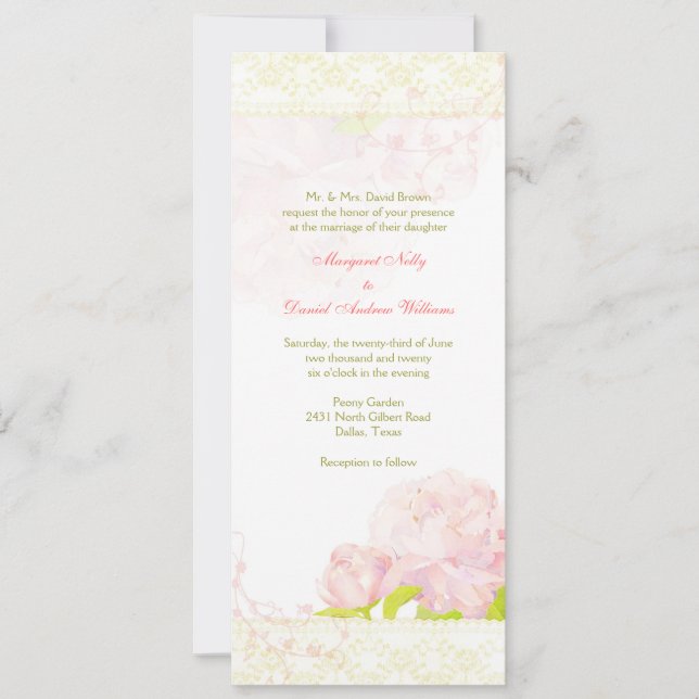 Blush Peony Bouquet Long Vertical Wedding Invitation (Front)