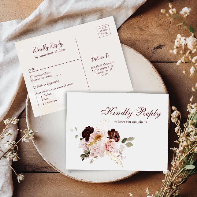 Blush Peony & Burgundy Meal Options RSVP Postcard (Creator Uploaded)