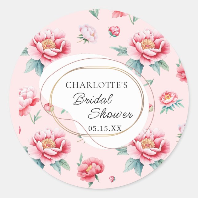 Blush Peony Custom Name Bridal Shower Sticker  (Front)