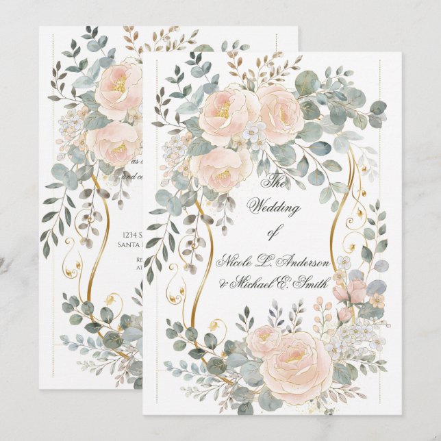 Blush Peony & Eucalyptus Botanical Floral Wedding  Invitation (Front/Back)
