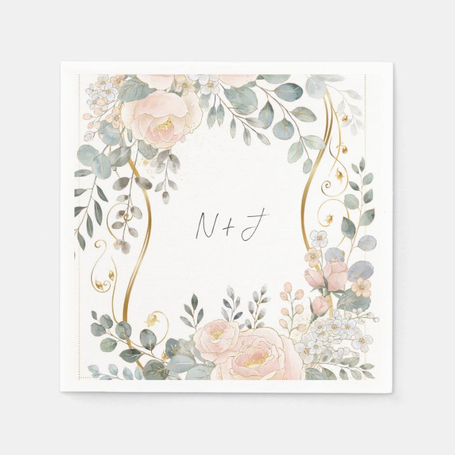 Blush Peony & Eucalyptus Botanical Floral Wedding  Napkin (Front)