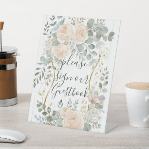 Blush Peony & Eucalyptus Botanical Floral Wedding Pedestal Sign