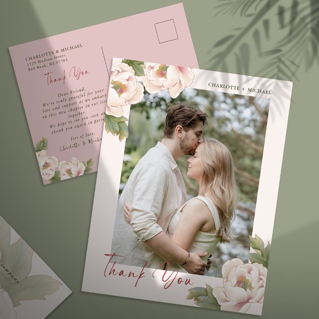 Blush Peony Floral Photo Wedding Thank You  Postca Postcard (Creator Uploaded)