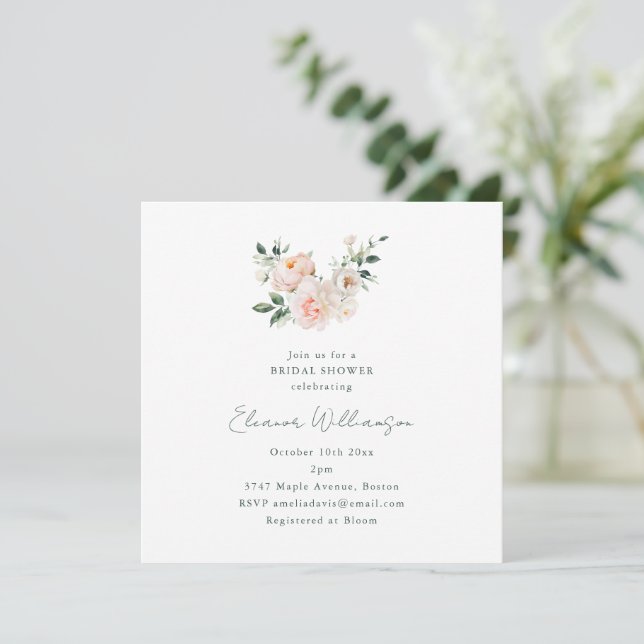 Blush Peony Floral Square Minimalist Bridal Shower Invitation (Standing Front)