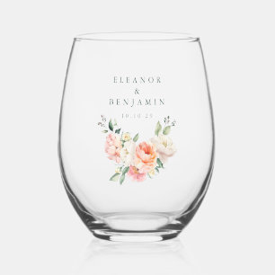 Blush Peony Floral Watercolor Pink Wedding Names Stemless Wine Glass