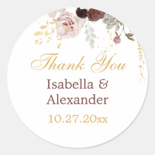 Blush Peony & Gold Burgundy Floral Thank You Classic Round Sticker