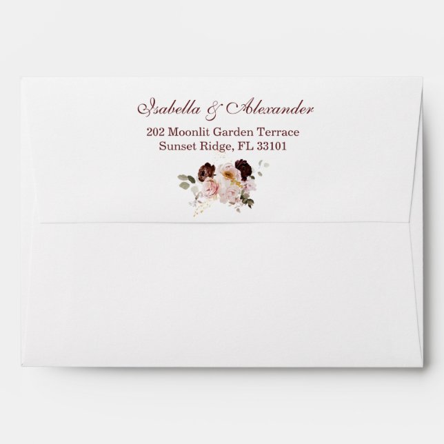 Blush Peony & Gold Burgundy Floral Wedding Envelope (Back (Top Flap))