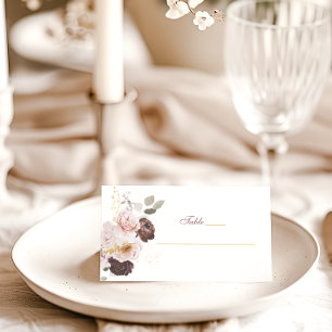 Blush Peony & Gold Burgundy Floral Wedding Place Card