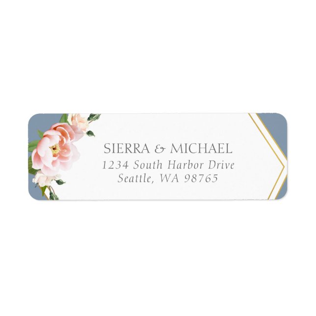 Blush Peony Gold Dusty Blue Wedding Return Address (Front)