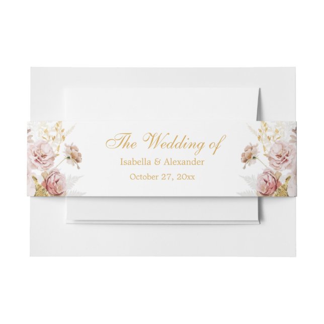 Blush Peony & Gold Floral Wedding Invitation Belly Band (Front Example)