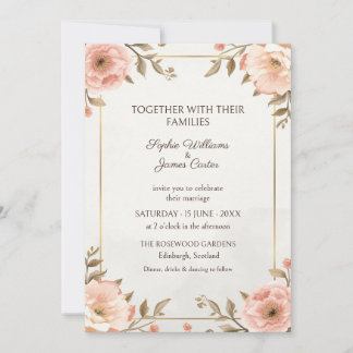 Blush Peony Gold Frame Wedding Invitation