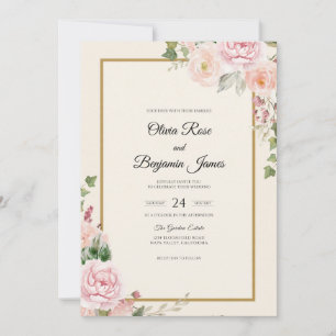 Blush Peony Gold Wedding Invitation