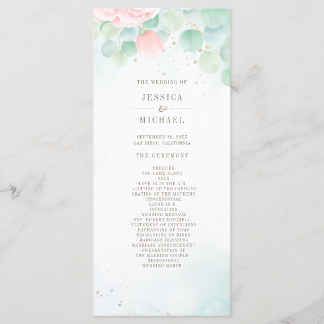Blush Peony Greenery Eucalyptus Watercolor Wedding Programme (Front)