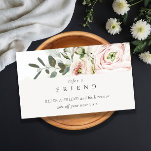 Blush Peony Leafy Botanical Floral Refer a Friend Business Card