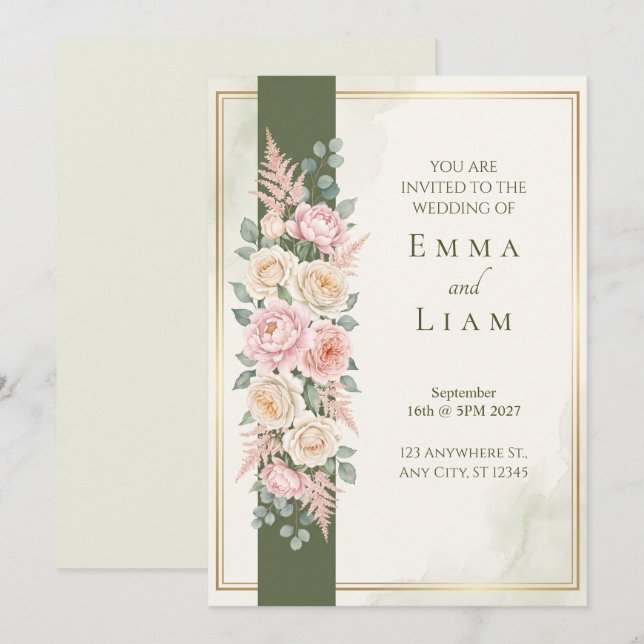 Blush Peony Olive Green Gold Wedding Invitation (Front/Back)