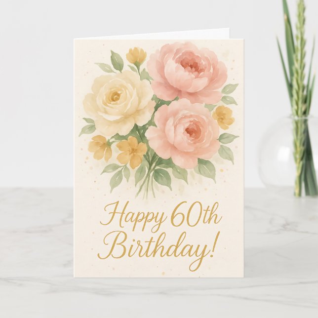 Blush Peony & Rose Happy 60th Birthday Watercolor Card (Front)