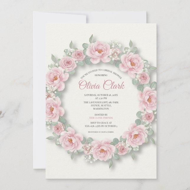 Blush Peony Rose Wreath Bridal Shower Invitation (Front)