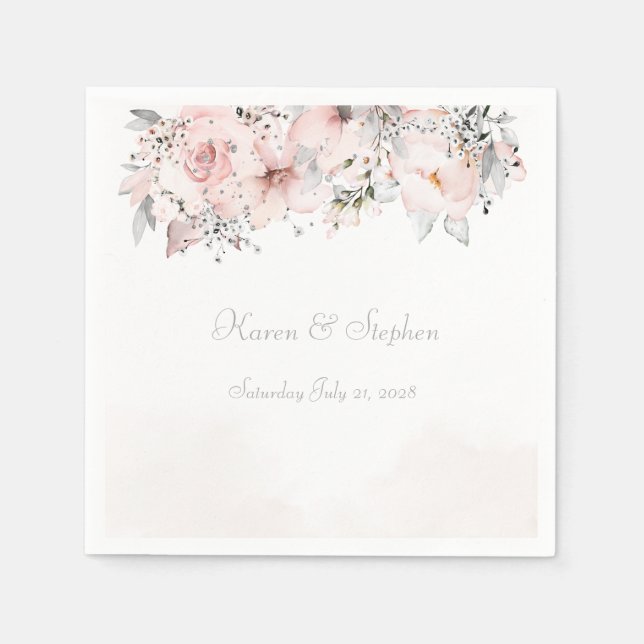 Blush Peony Silver Eucalyptus Wedding Cocktail Napkin (Front)