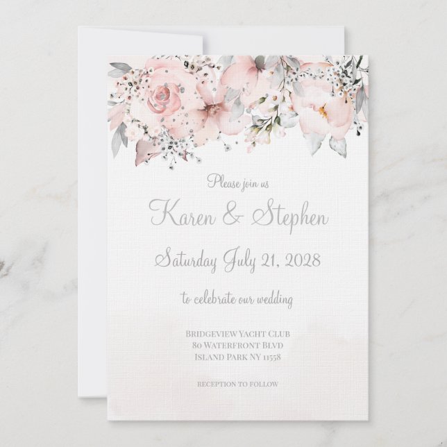 Blush Peony Silver Eucalyptus Wedding Invitation (Front)
