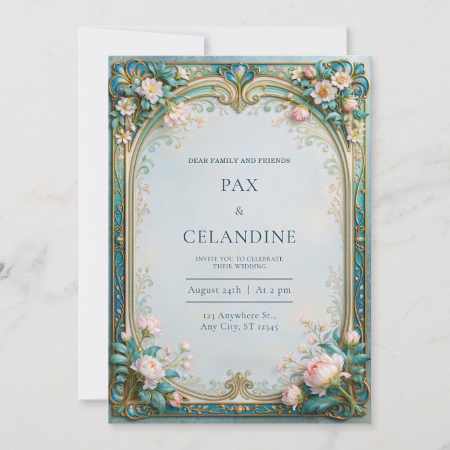 Blush Peony Teal Filigree Wedding Invitation (Front)