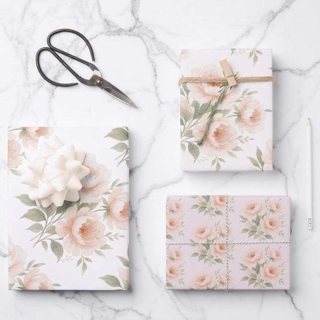 Blush Peony Watercolor Floral Pattern Wrapping Paper Sheet (Front)