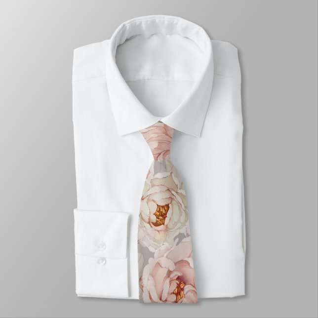 Blush Peony Watercolor Floral Wedding Tie (Tied)