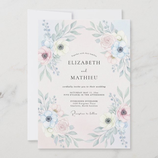 Blush Periwinkle Anemone Wedding Invitation (Front)