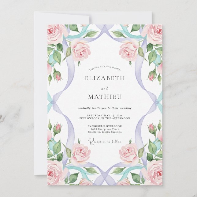 Blush Periwinkle Ribbon Eucalyptus Wedding Invitation (Front)
