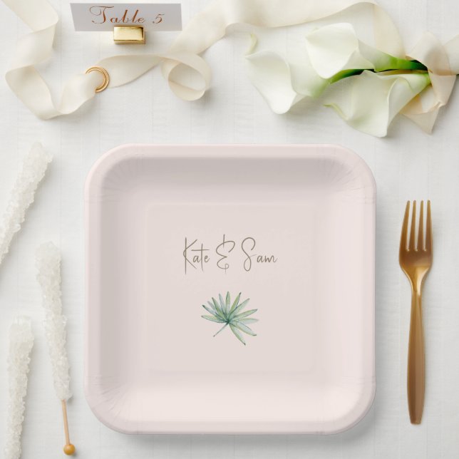 Blush Personalised Names Tropical Wedding  Paper Plate (Wedding)
