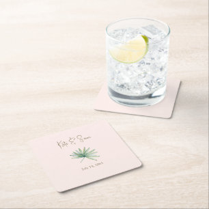 Blush Personalised Names Tropical Wedding Square Paper Coaster