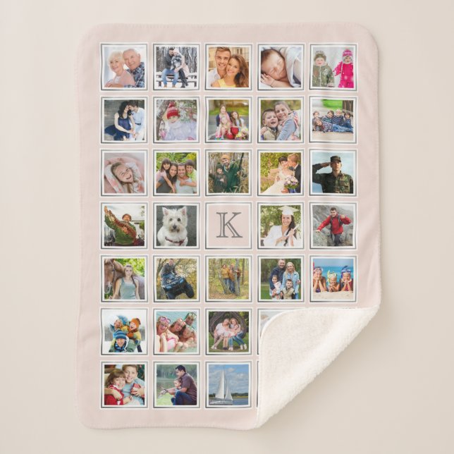 Blush Photo Collage Monogram Grey Frame 34 Photos Sherpa Blanket (Front)