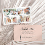 Blush Photo Collage | Photographer Business Card<br><div class="desc">Chic and elegant business cards for photographers feature eight of your best photos arranged in a collage layout,  bisected by your name or business name in modern lettering. Add your full contact details to the back,  including social media usernames,  in soft off-black on a blush pink background.</div>