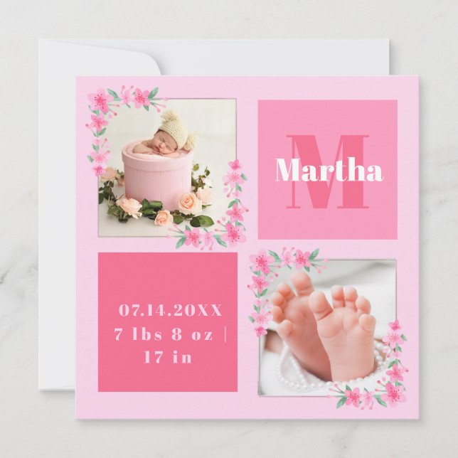Blush Photo Welcoming Newborn Baby Girl Birth Stat Holiday Card (Front)