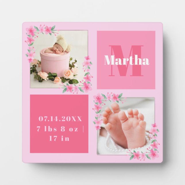 Blush Photo Welcoming Newborn Baby Girl Birth Stat Plaque (Front)