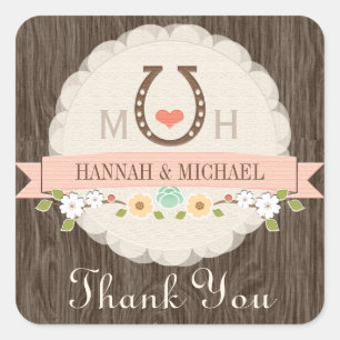 BLUSH PI HORSESHOE HEART WESTERN WEDDING THANK YOU SQUARE STICKER