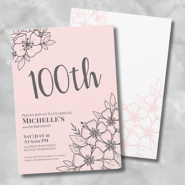 Blush Pink 100th Birthday Party Invitation (Feminine Blush Pink 100th Birthday Party Invitation)