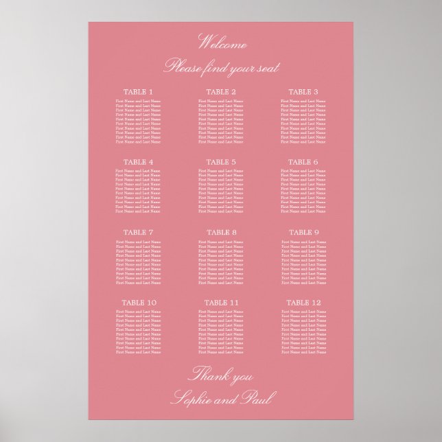 Blush Pink 12 Table Wedding Seating Chart Poster (Front)