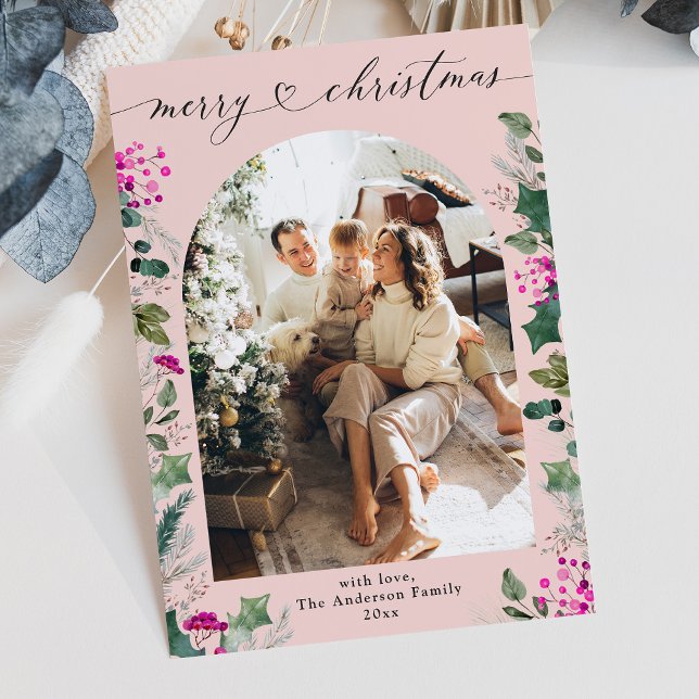 Blush Pink 1 Photo Arch Merry Christmas Card (Creator Uploaded)