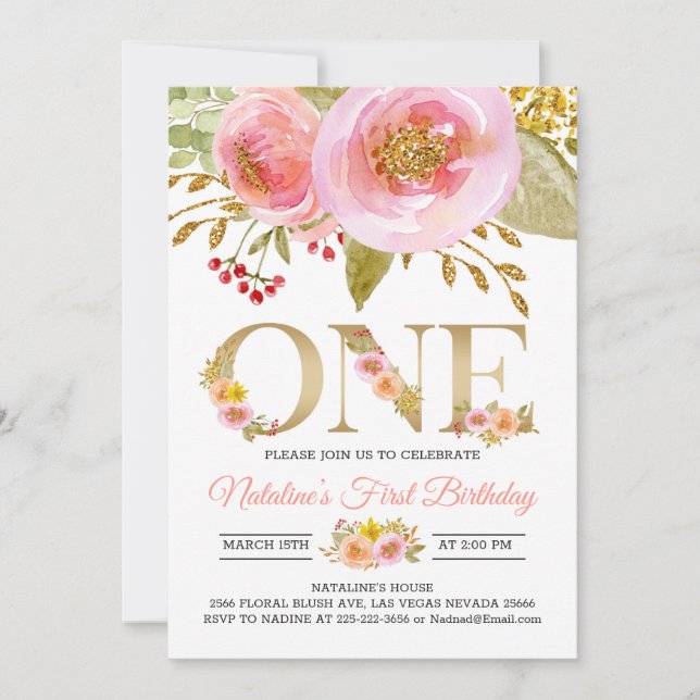 Blush pink 1st Birthday invitation rustic gold (Front)
