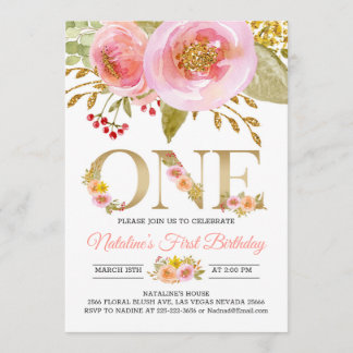 Blush pink 1st Birthday invitation rustic gold