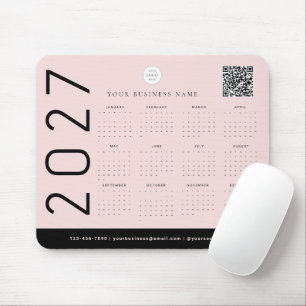 Blush Pink 2027 Calendar Business Logo QR Code Mouse Mat