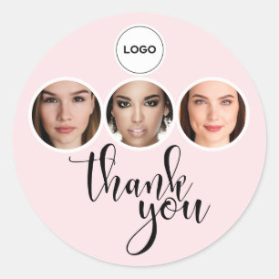 Blush Pink 3 Photo Lashes Brows Logo Thank You Classic Round Sticker