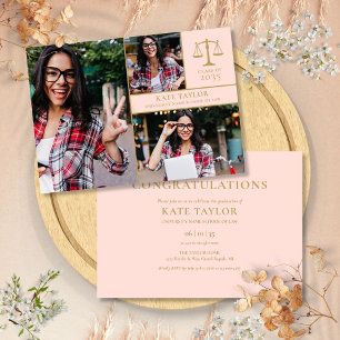 Blush Pink 3 Photo Law School Graduation Party Invitation
