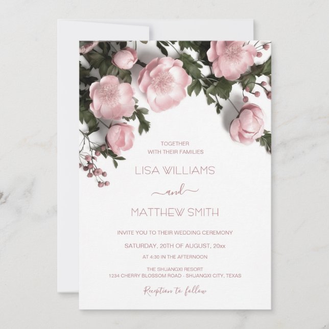 Blush Pink 3D Roses Cottagecore Wedding Invitation (Front)