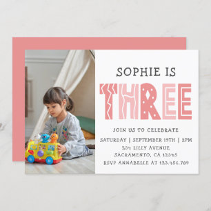Blush Pink 3rd Birthday Photo Invitation