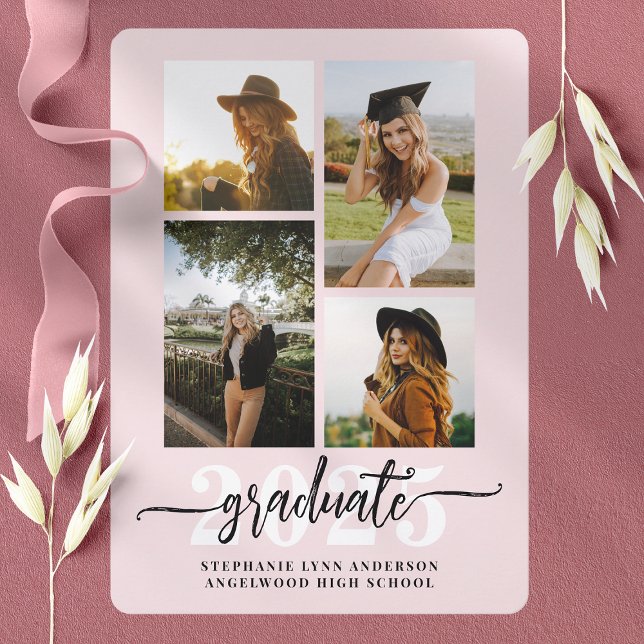 Blush Pink 4 Photo Collage Grad Announcement (Creator Uploaded)