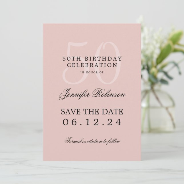Blush Pink 50th Birthday Save Date w/ Details  Invitation (Standing Front)