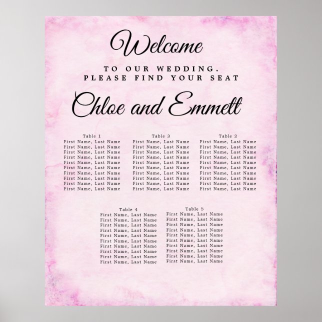 Blush Pink 5-Table Wedding Seating Char Poster (Front)