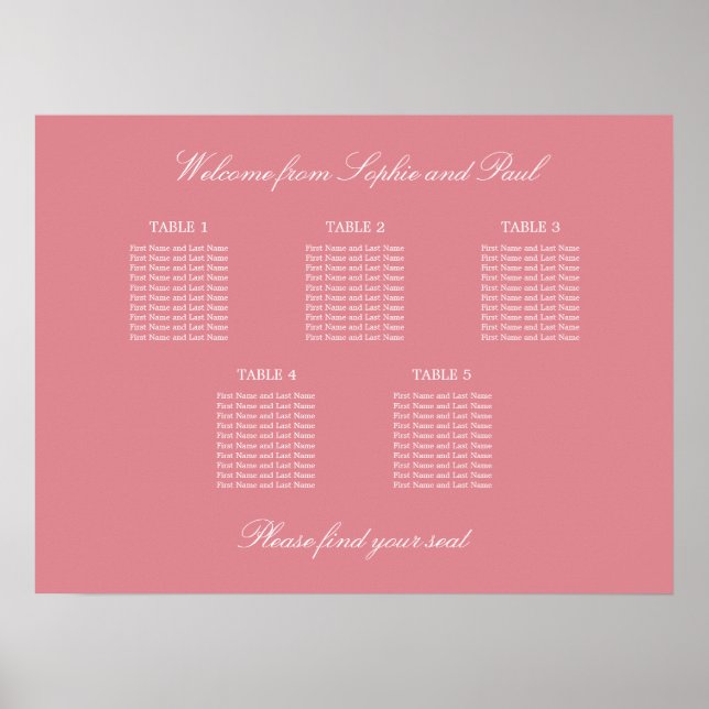 Blush Pink 5 Table Wedding Seating Chart Poster (Front)