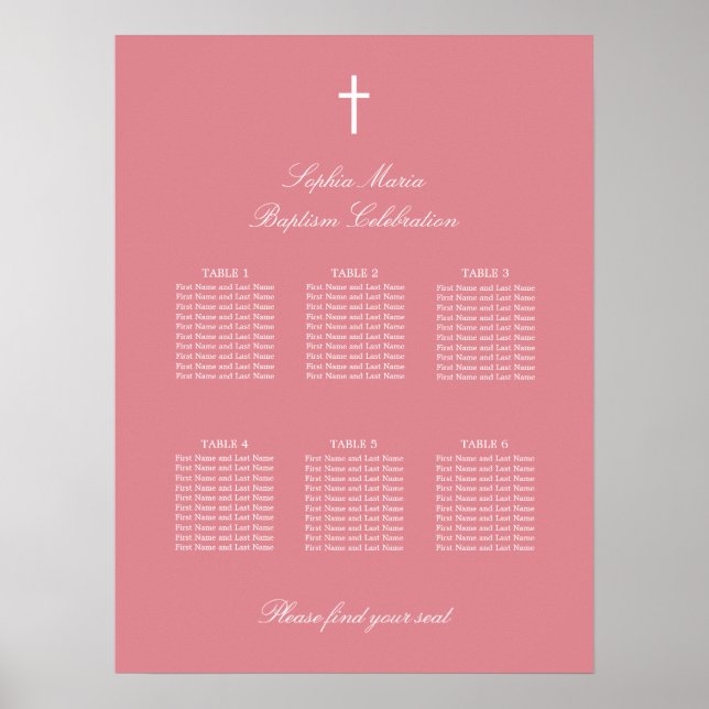 Blush Pink 6 Table Baptism Seating Chart Poster (Front)